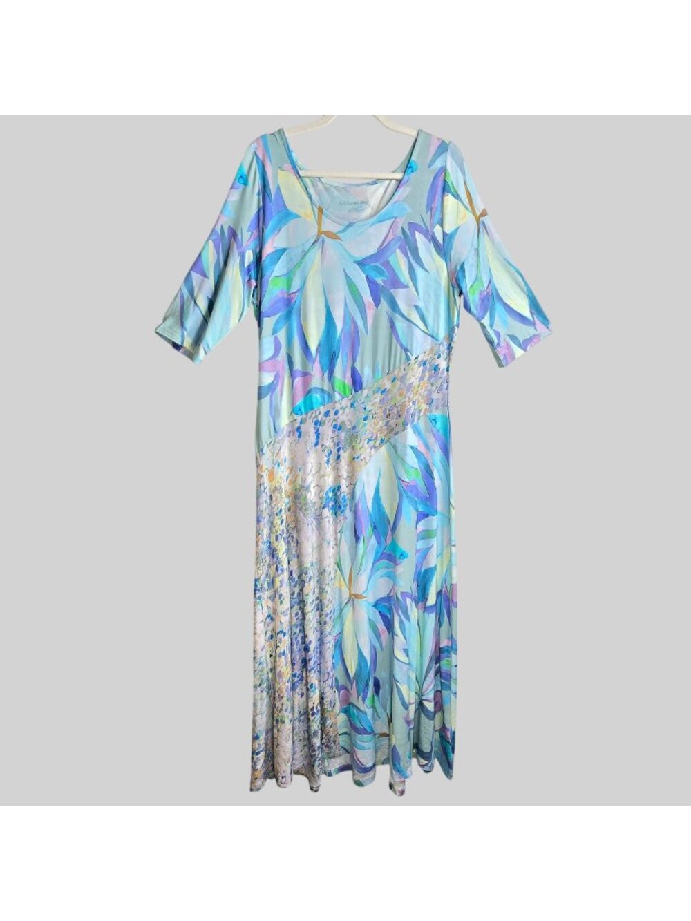 Soft Surroundings Maxi Dress Sz XL Floral Blue Patchwork Coastal Beach Sundress